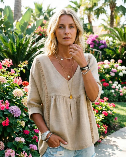 LaceVera – Women’s Chic Loose-Fit V-Neck Lace Blouse