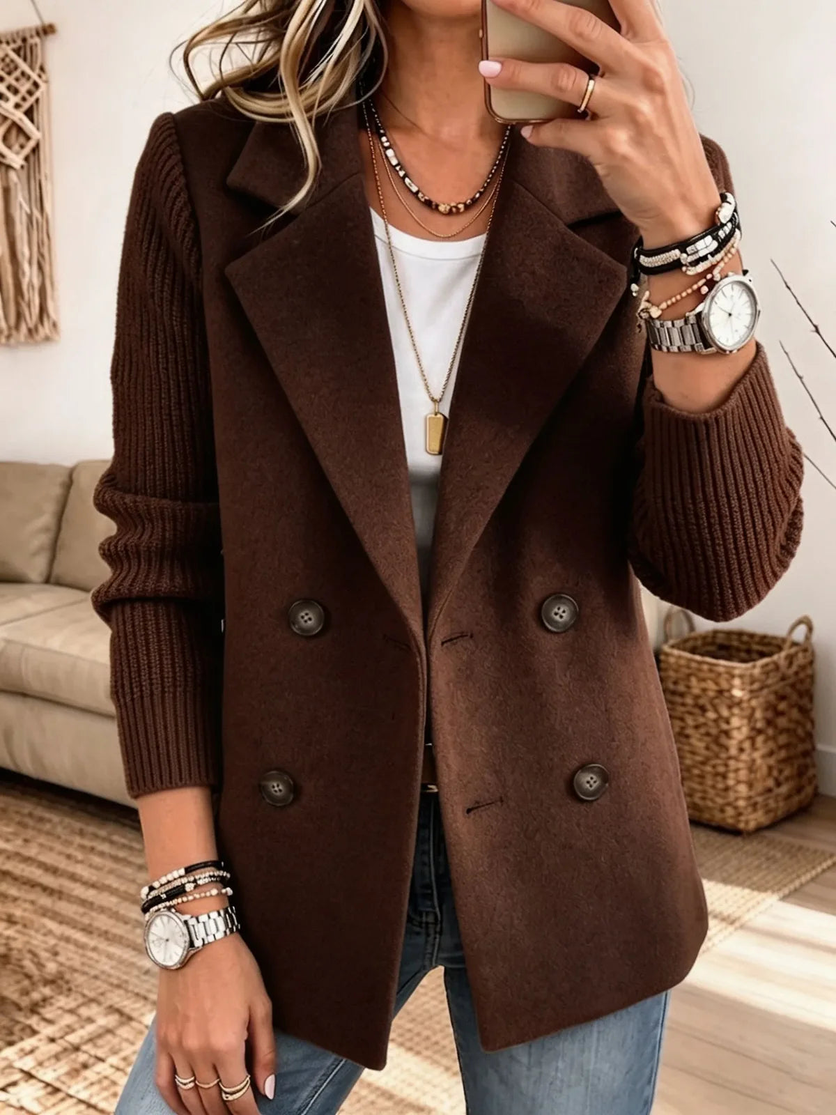 Veste Croisée Femme Automne – Manches Maille, Look Élégant