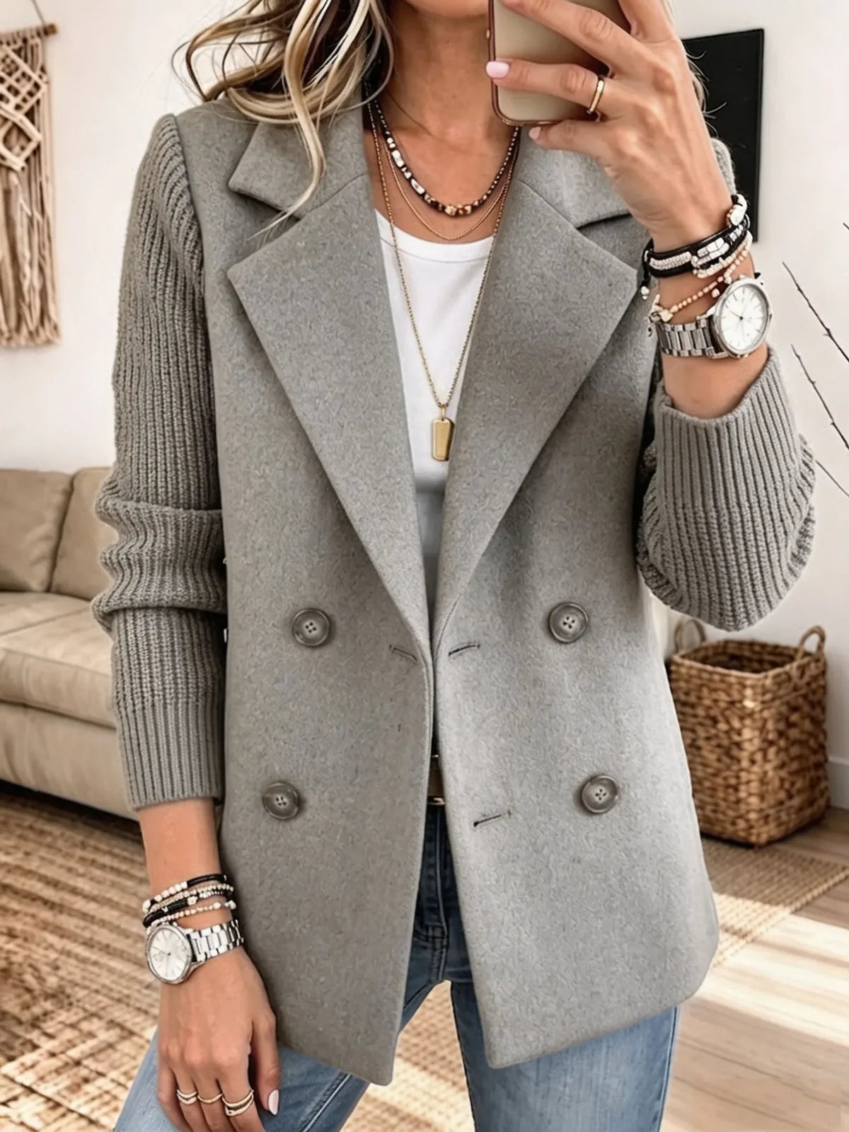 Veste Croisée Femme Automne – Manches Maille, Look Élégant