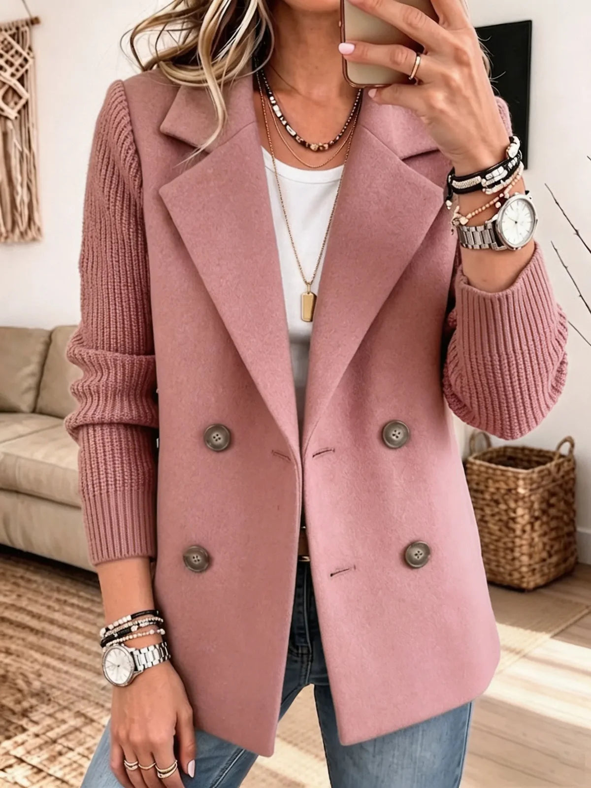 Veste Croisée Femme Automne – Manches Maille, Look Élégant